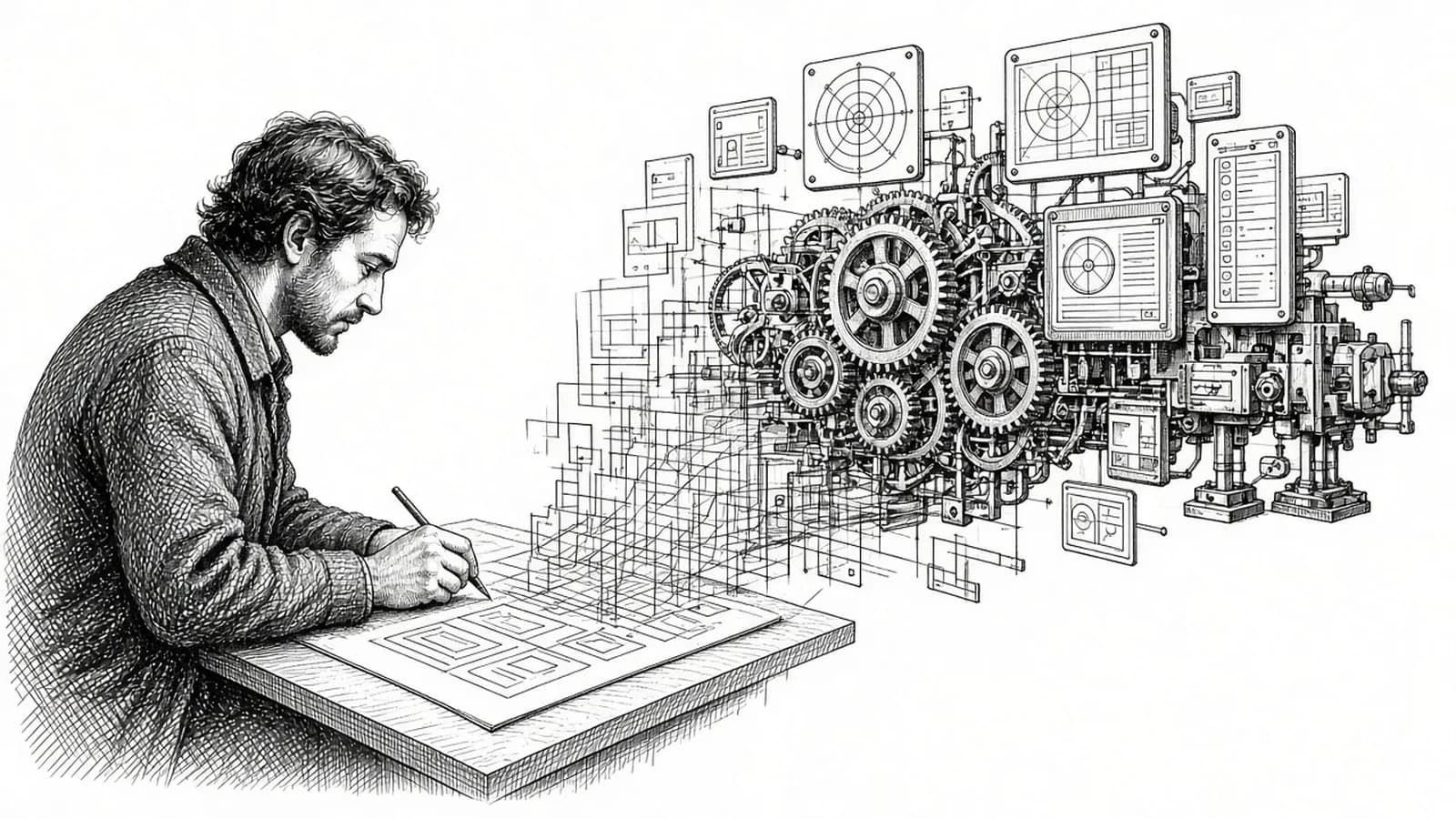 Engraving-style illustration of a designer sketching a wireframe that lifts off the page and assembles into a working machine