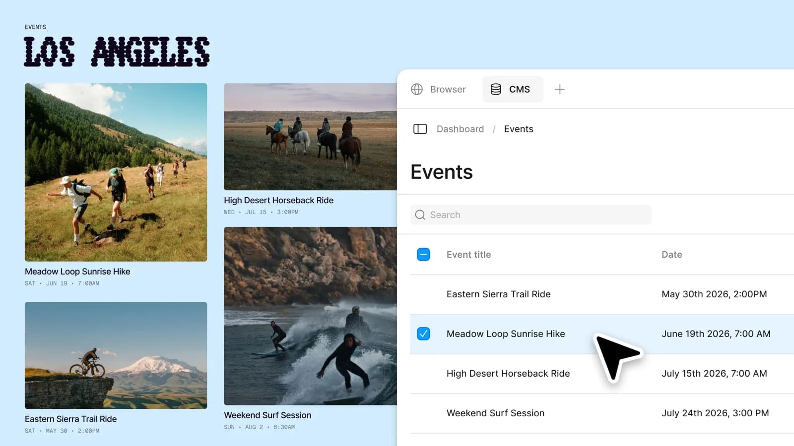 An events website built in Figma Make, with a built-in CMS panel listing its events