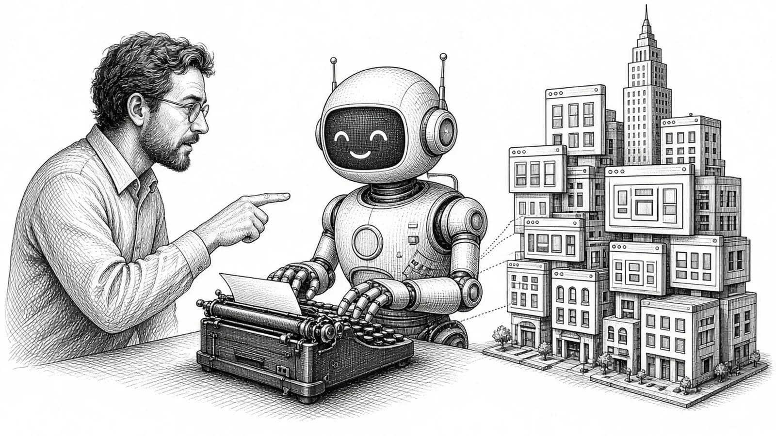 Engraving-style illustration of a designer directing a friendly robot at a typewriter that builds a city of interface blocks