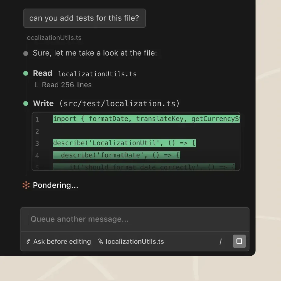 A Claude Code session reading a file and writing new code into the project