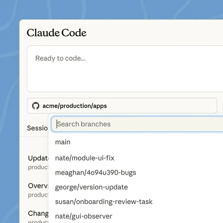 Claude Code on the web, starting a session on a shared repository and choosing a branch